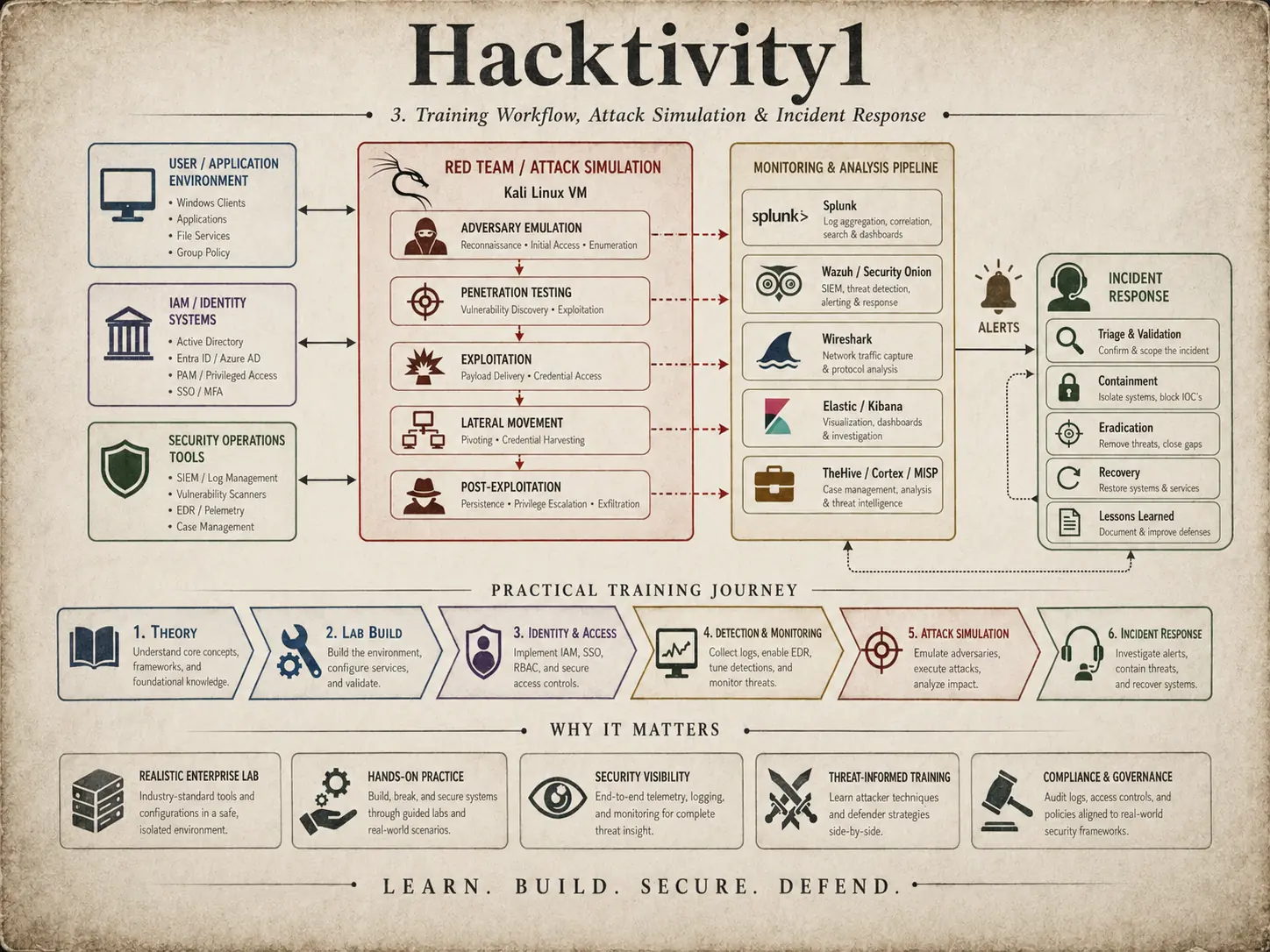 Cyber security training workflow connecting attack simulation, monitoring and incident response
