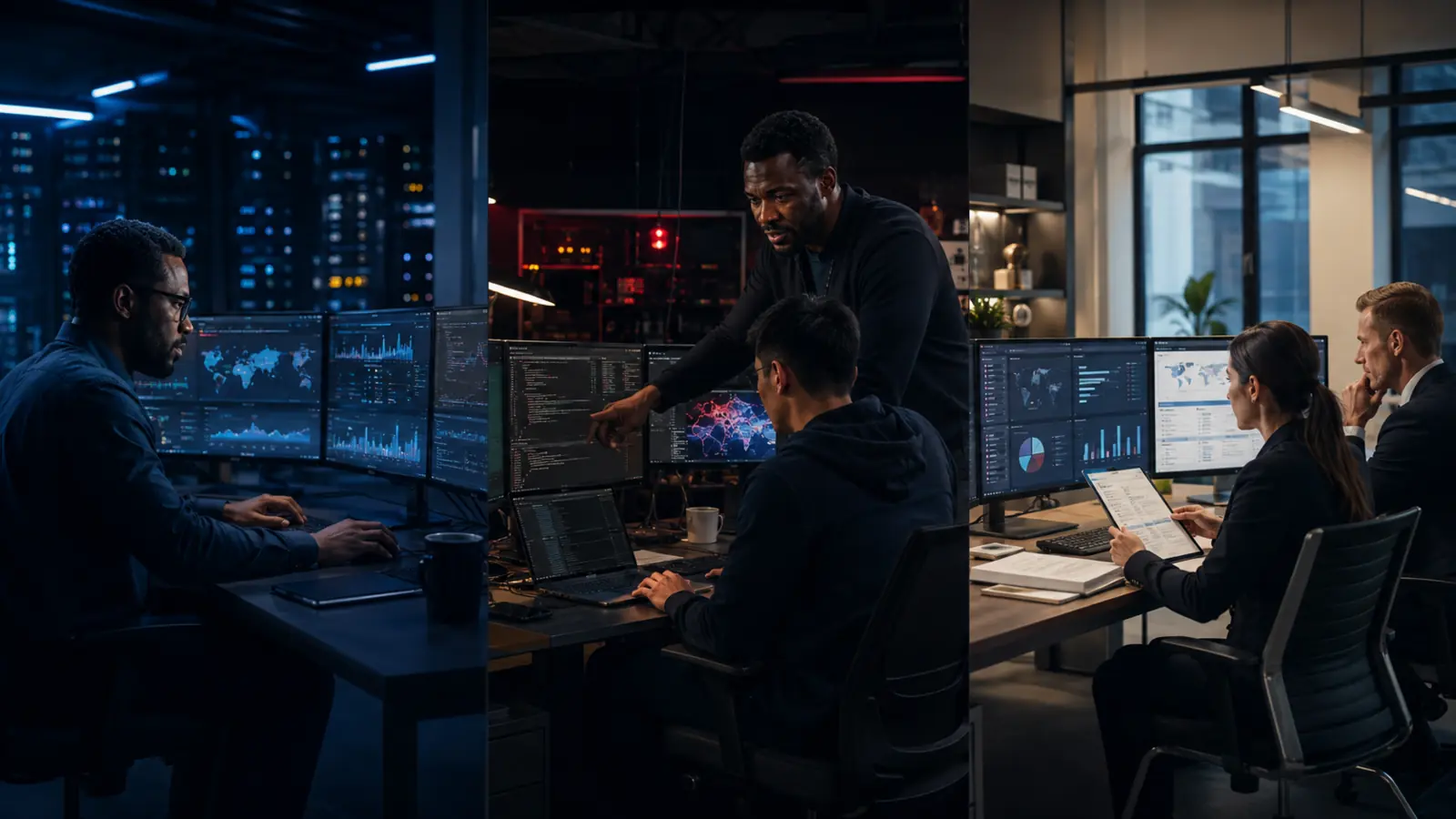 Cyber security operations, offensive security training and governance work represented across three connected environments