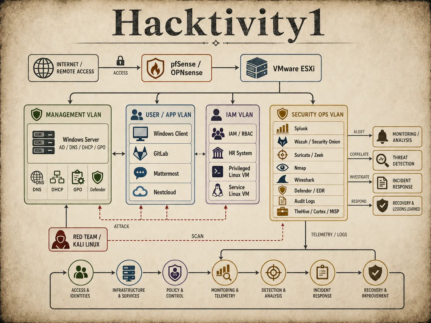 Hacktivity1 connected cyber range showing management, user, identity and security operations networks
