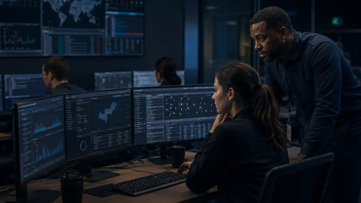 Cyber security instructor guiding a learner through security monitoring dashboards in a realistic operations environment.